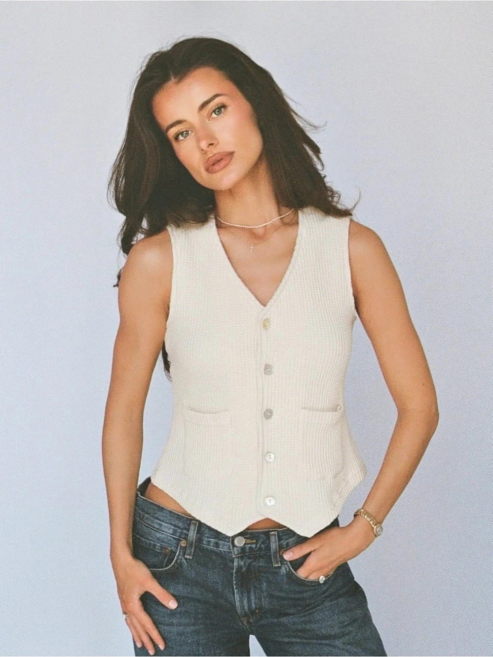 LAYERE Organic Cotton Waffle Vest in Cream Size XS